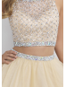 Champagne Tulle Beaded Two Piece Knee Length Prom Dress 